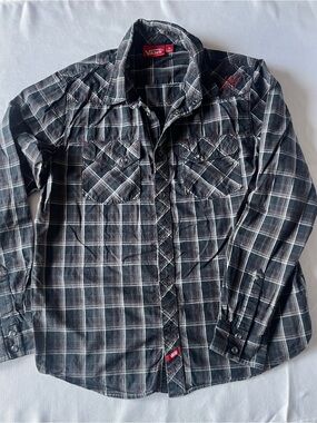 VANS Vintage Plaid snap Shirt Gray Long Sleeve Size M Pockets Embroidered